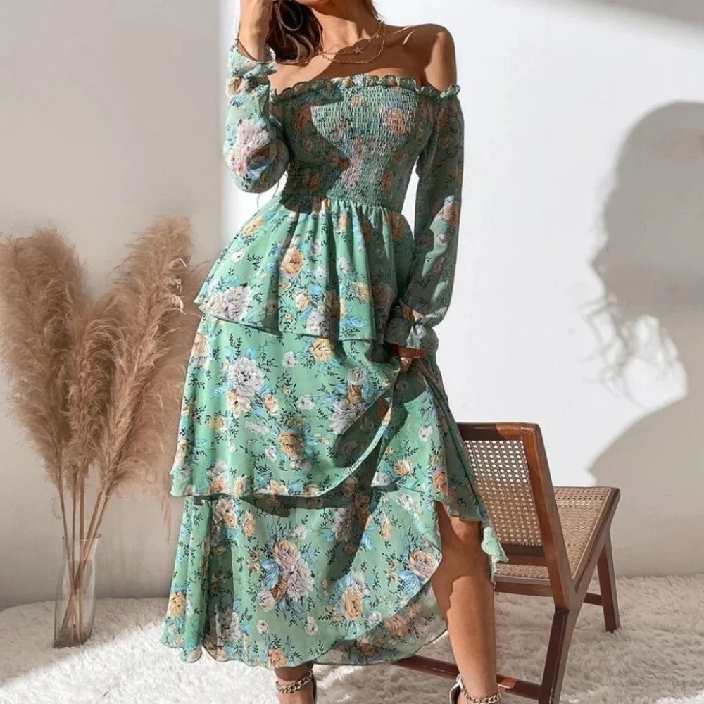 green Off The Shoulder Shirred Layered Hem Floral Printed Dress - Picture 2 of 8